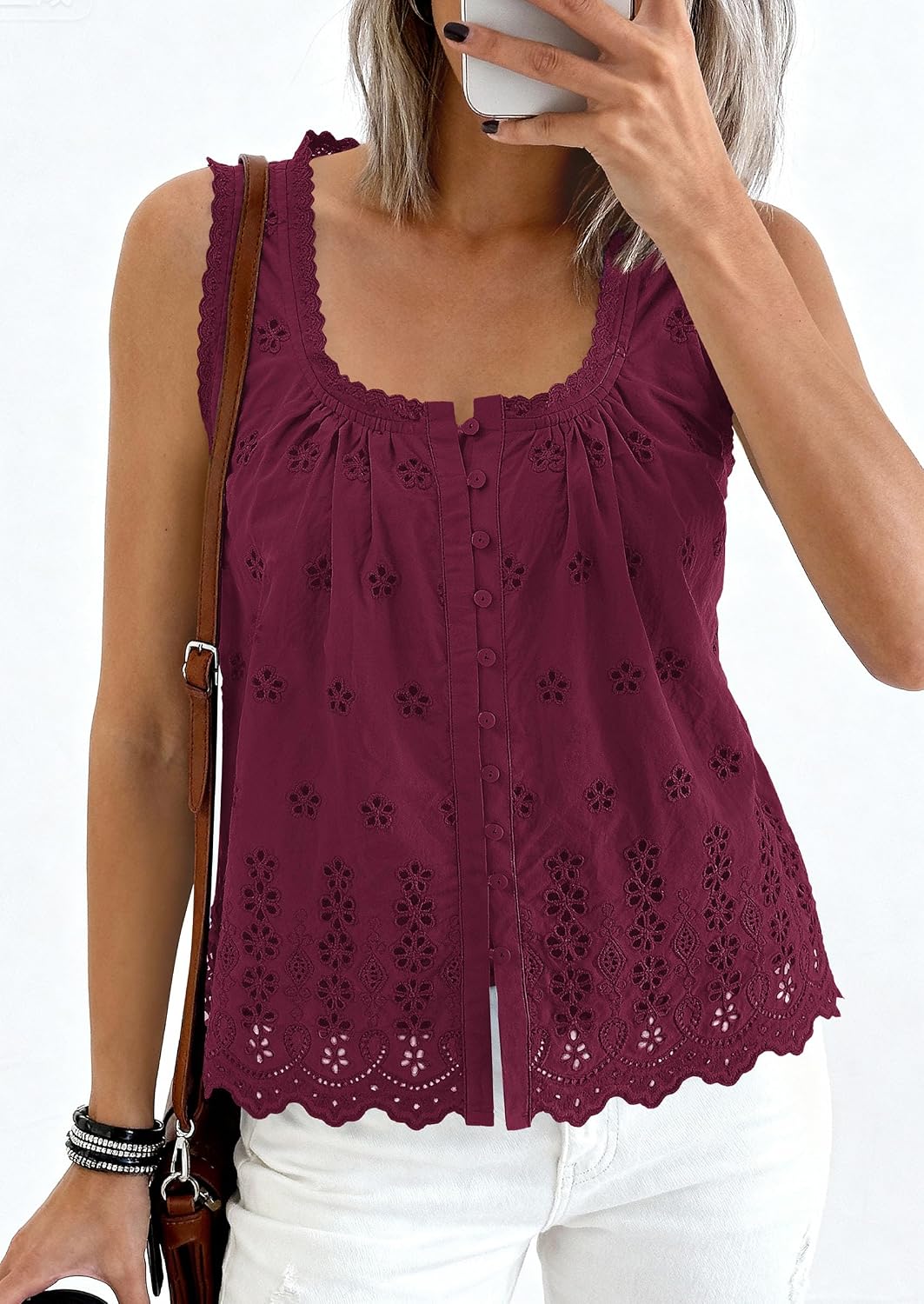 Detalle de PrettyGarden Women's Eyelet Button-Down Tank Top (Summer 2026)