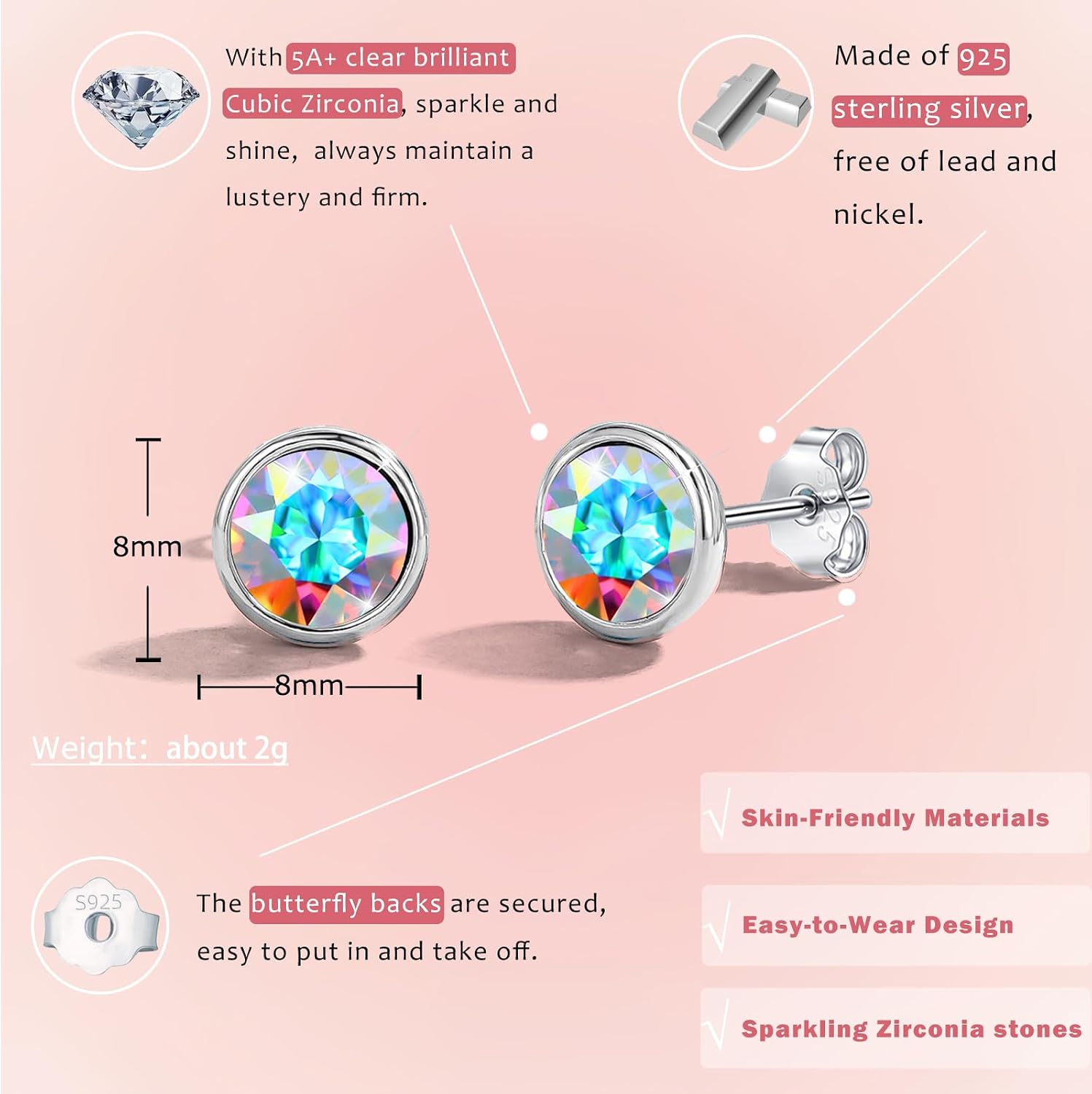 Detalle de Hasnsofie Silber Ohrstecker 8 mm – 925 Sterling Silber mit Aurore Boreale Kristall