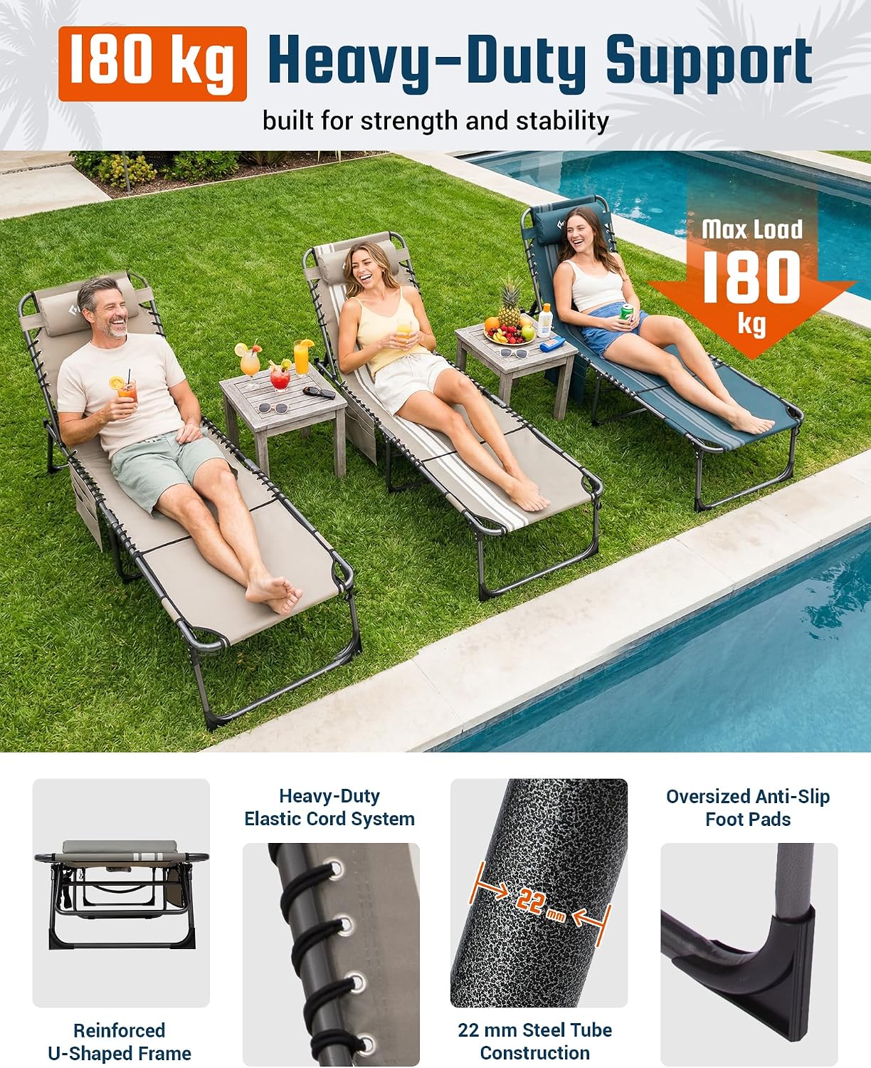Thumbnail 5 de KingCamp Sun Lounger with Face Hole (up to 180 kg) – 5-position folding tanning chair for garden and beach