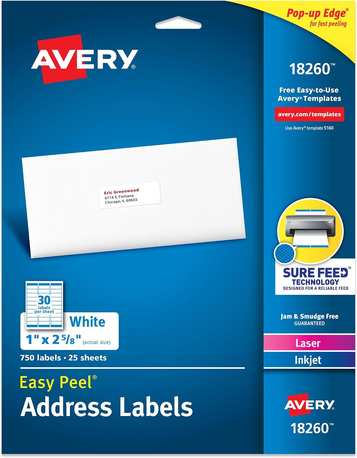 Avery 18260 Easy Peel Printable Address Labels, 1" x 2-5/8", 750 Count