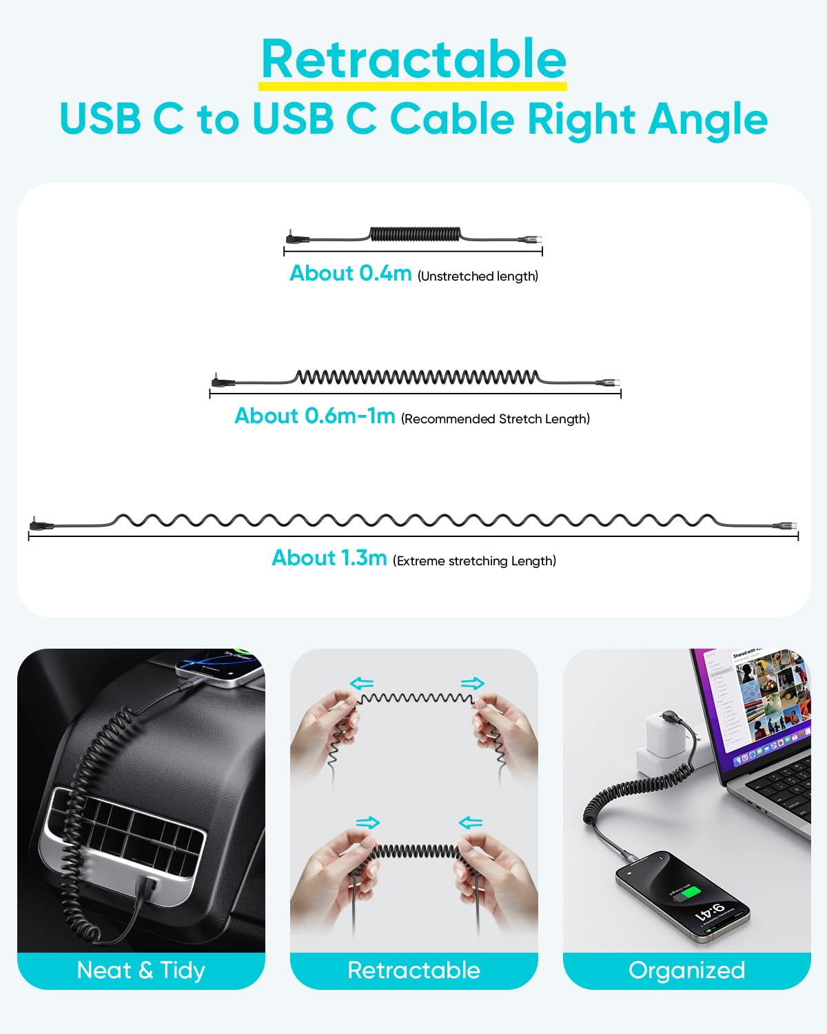 Detalle 2 de SUNGUY Cable USB C a USB C 60W en espiral