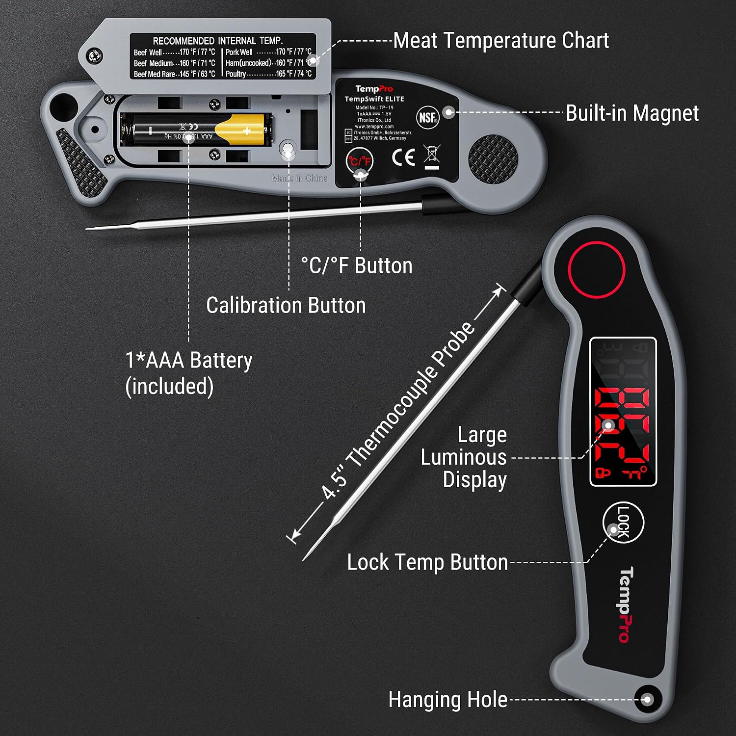 Thumbnail 6 de TempPro TempSwift ELITE TP-19 Waterproof Digital Meat Thermometer with Rotating Display