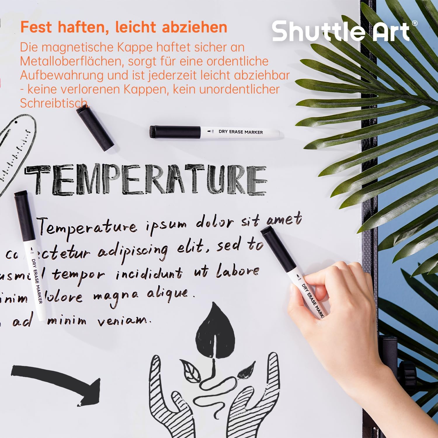 Thumbnail 5 de Shuttle Art Whiteboard Marker schwarz – Set mit 15 abwischbaren schwarzen Stiften, fein + magnetischer Kappenträger