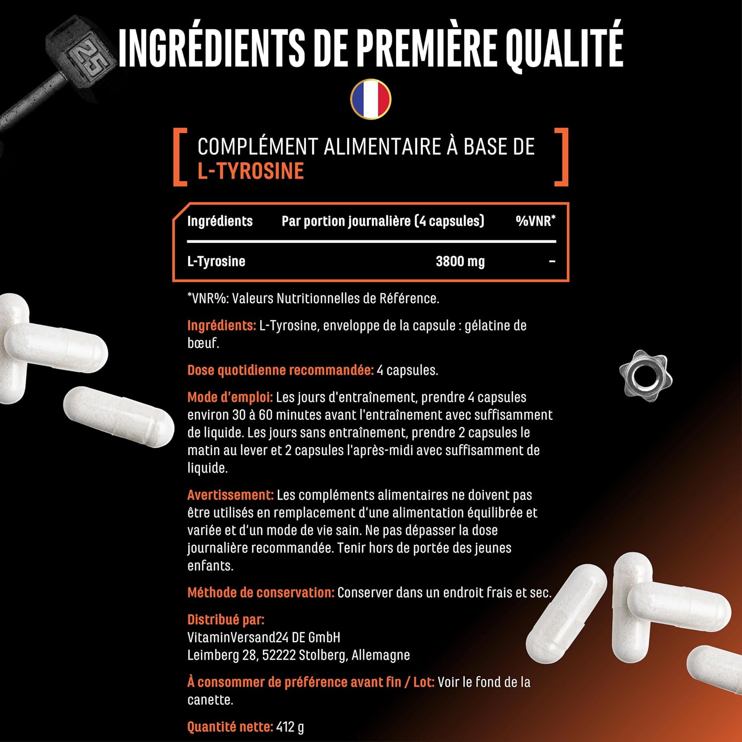 Detalle de L-Tyrosine Ultra Caps – 365 gélules de L-tyrosine pure (950 mg) pour vos routines d’entraînement