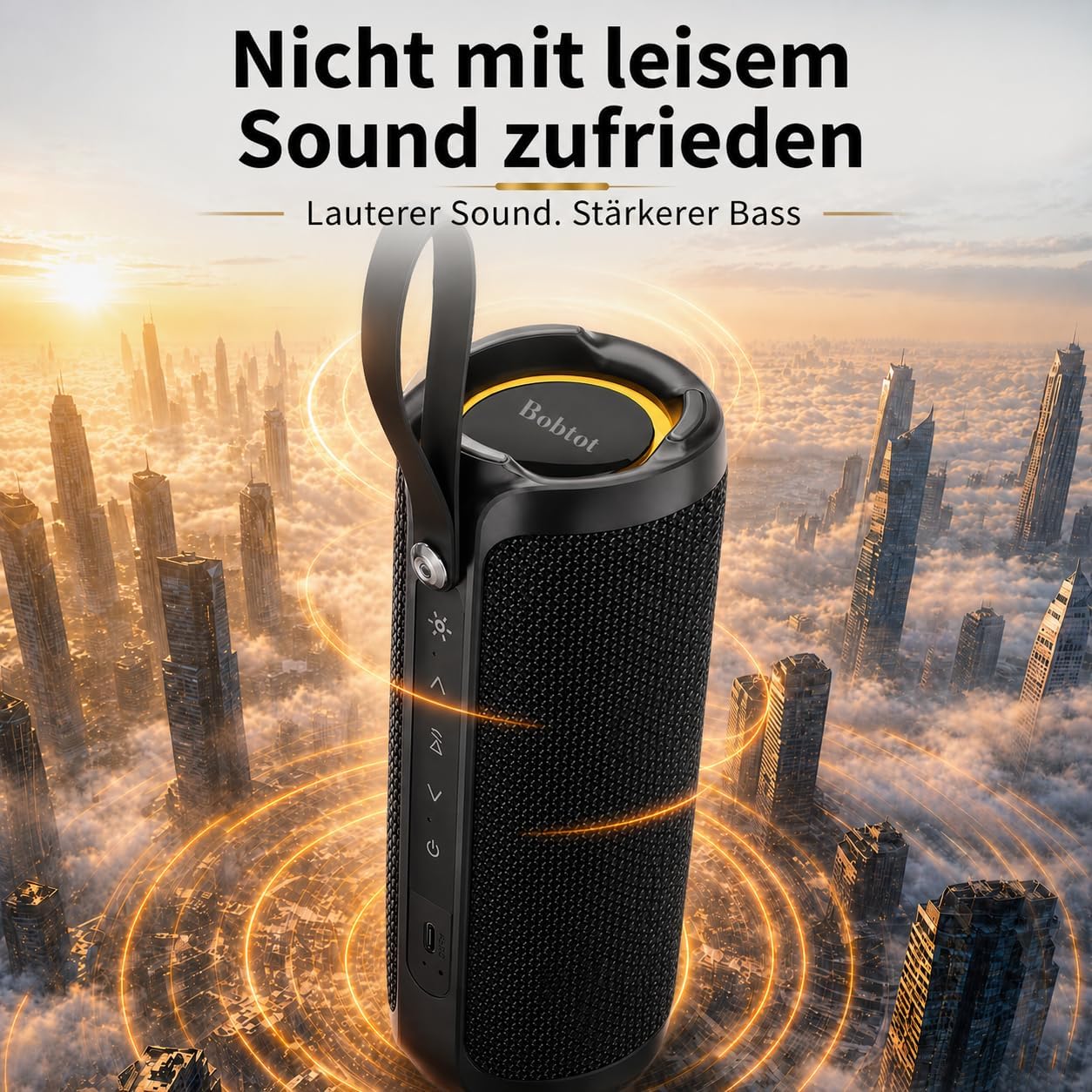 Detalle de Bobtot Tragbarer Bluetooth-Lautsprecher – 15 W RMS, IPX6, 15 Std Akku, RGB, TWS