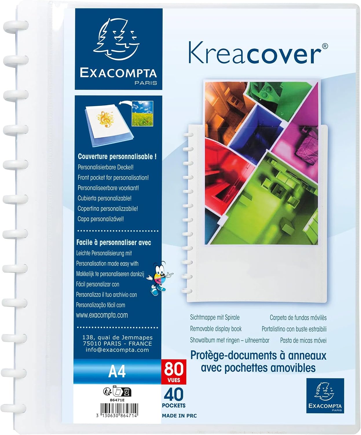 Exacompta 86471E – Carton de 4 protège-documents amovibles à anneaux, 80 vues, couverture Kreacover personnalisable