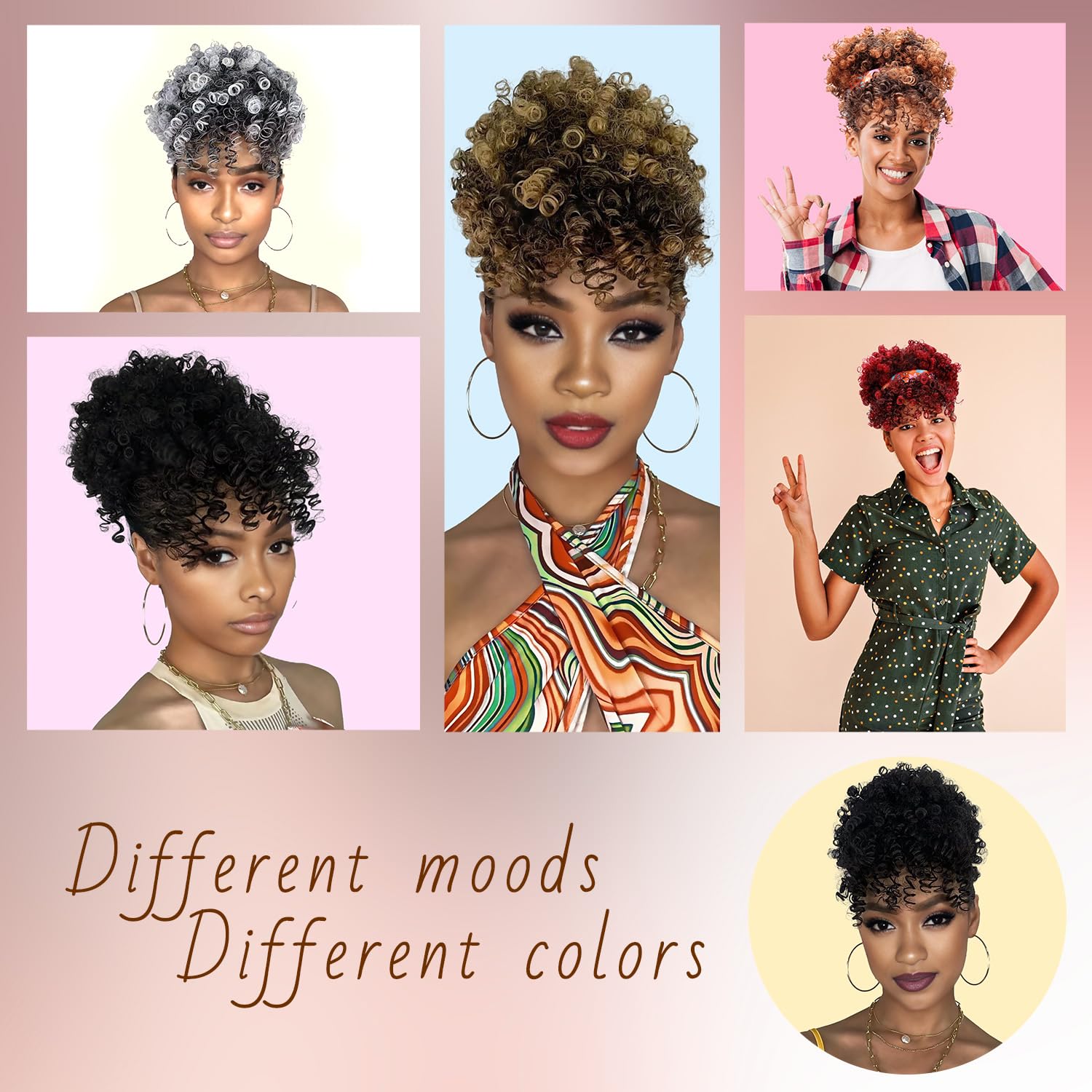 Thumbnail 4 de Builson Drawstring Ponytail for Black Women (Afro Puff Kinky Curly) with Bangs, Natural Black/Blond (T27)