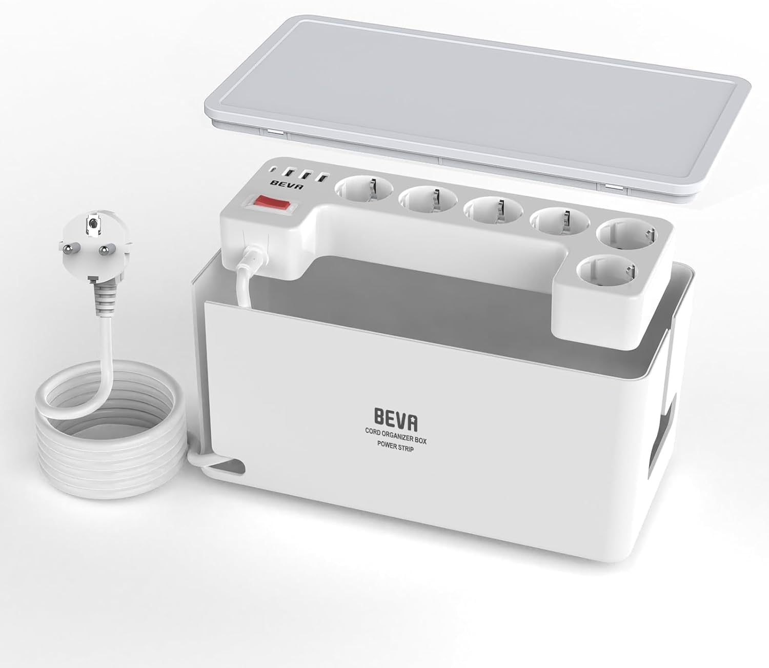 Detalle de Kabelbox mit versteckter Mehrfachsteckdose – 10-in-1, 3680W/16A, 1050J Überspannungsschutz, 2 m Kabel, 6 Steckdosen + 3 USB-A + 1 USB-C