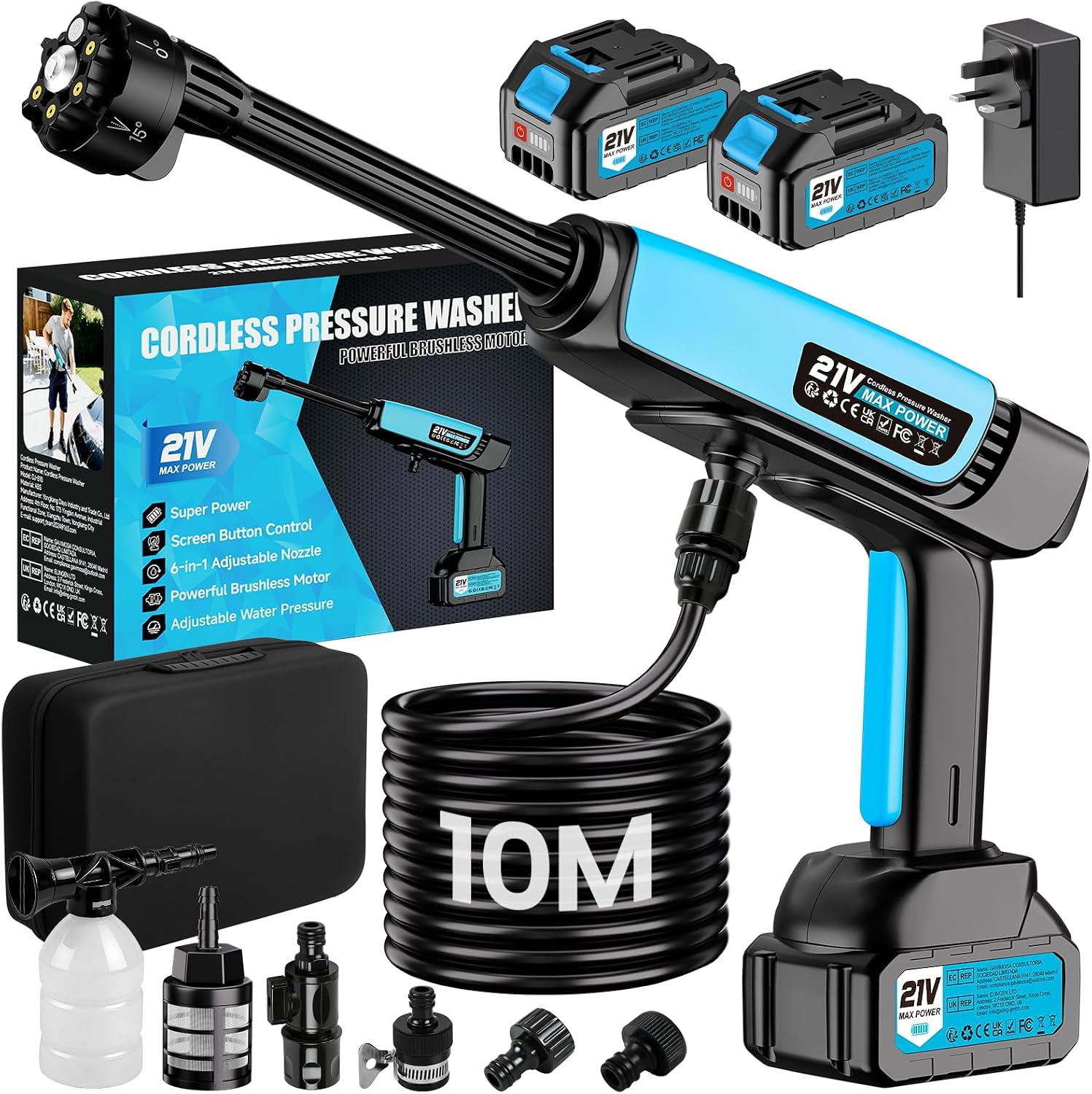 Detalle de Cordless Pressure Washer with Dual 21V Batteries and 10m Hose – Versatile Battery-Powered Jet Wash