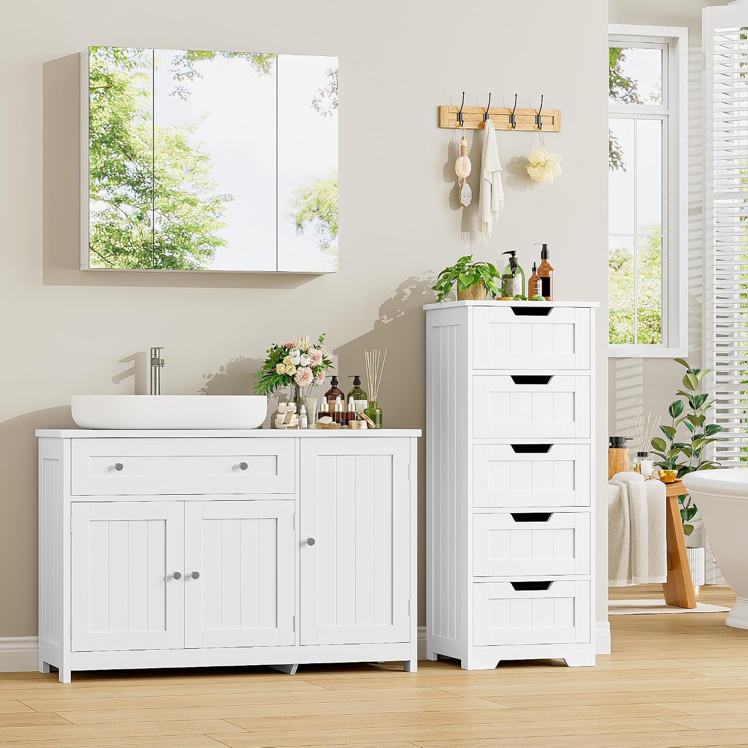 Detalle 2 de FOREHILL M300 – szafka łazienkowa 90 cm, 3 drzwi, szuflada i regulowana półka