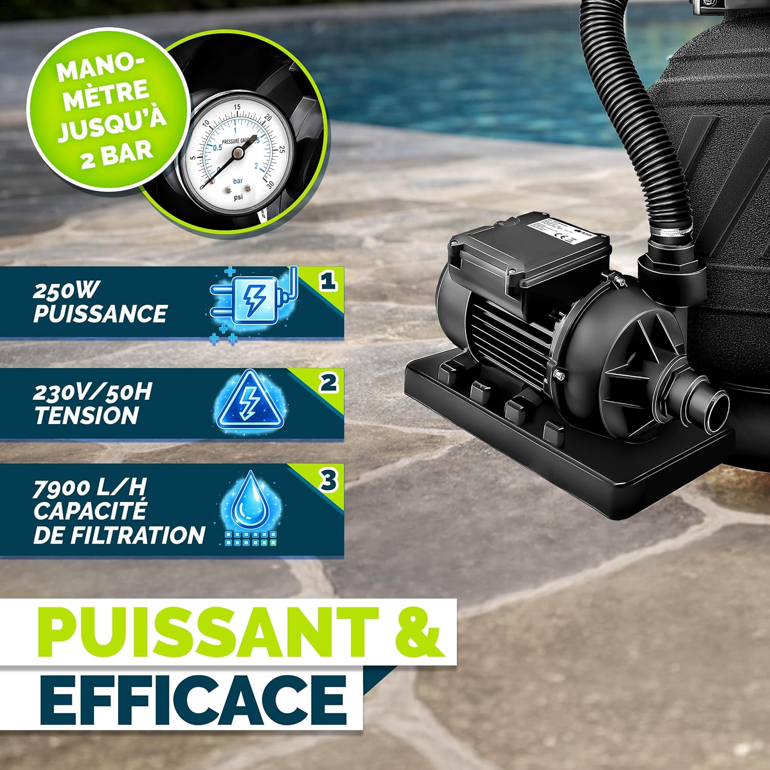 Detalle 2 de Système de filtre à sable tillvex® 7.900 L/h avec vanne 7 voies et indicateur de pression (adaptateur 2en1 Ø32-38 mm)