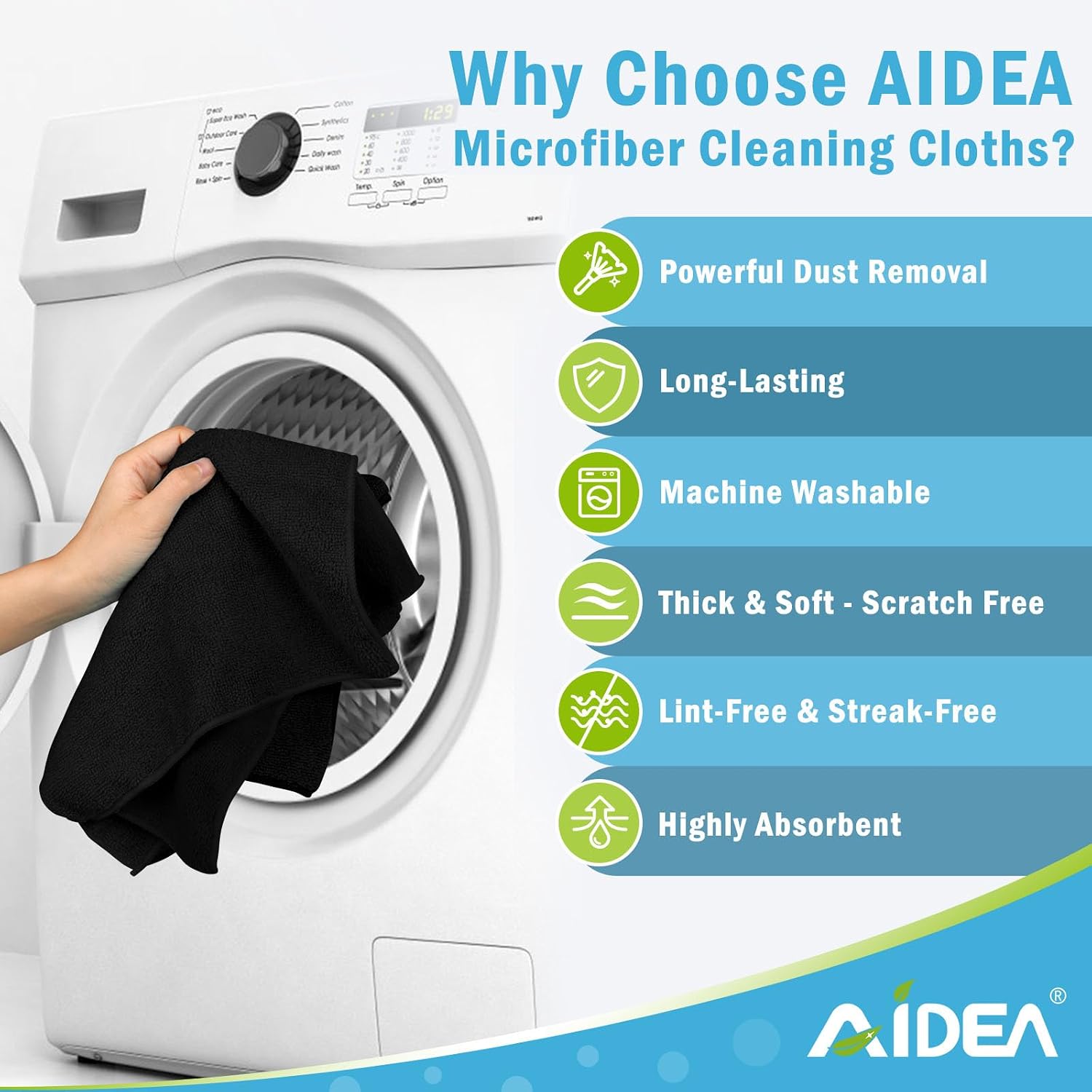 Detalle de AIDEA Black Microfiber Cleaning Cloths (12-pack) – 12" x 12