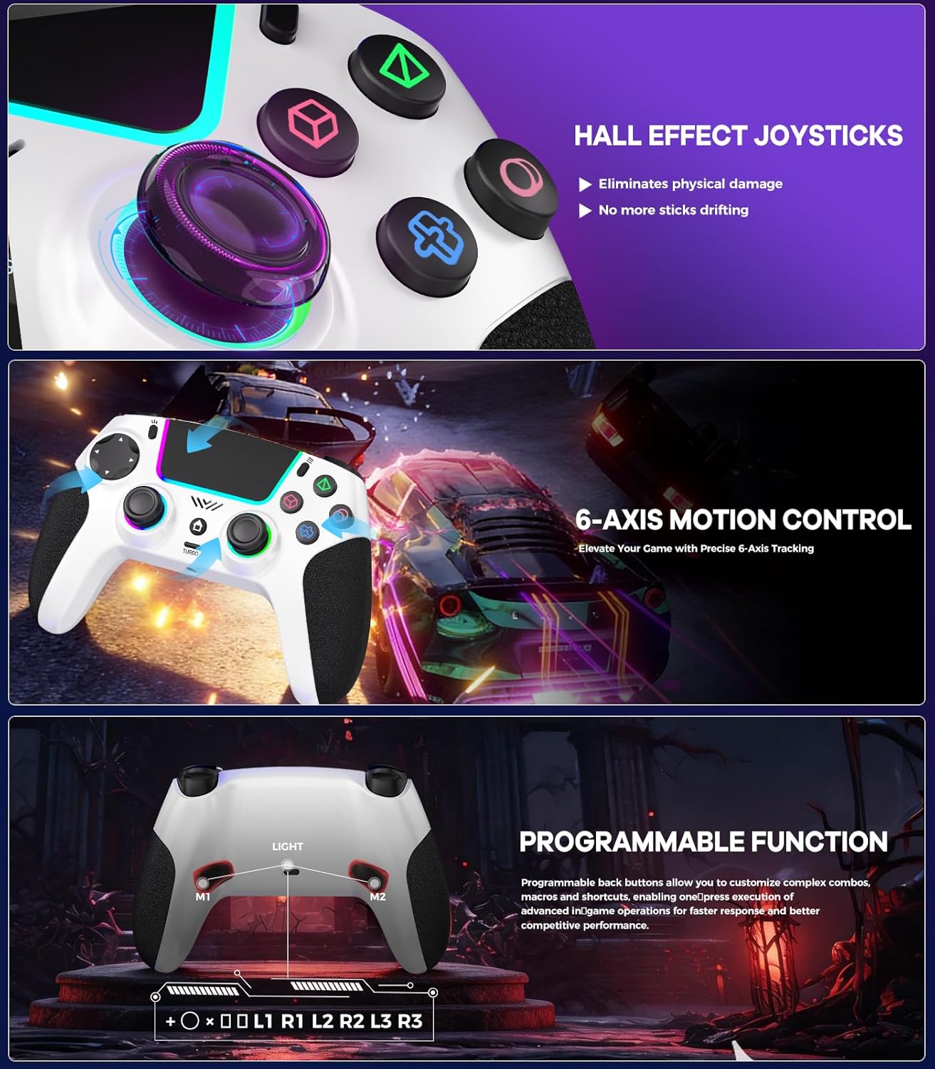Thumbnail 1 de SZPACMATE Wireless Pro Controller für PS4/PS3/Switch/PC & mehr – mit Hall-Effect Joystick, 8 RGB und Turbo