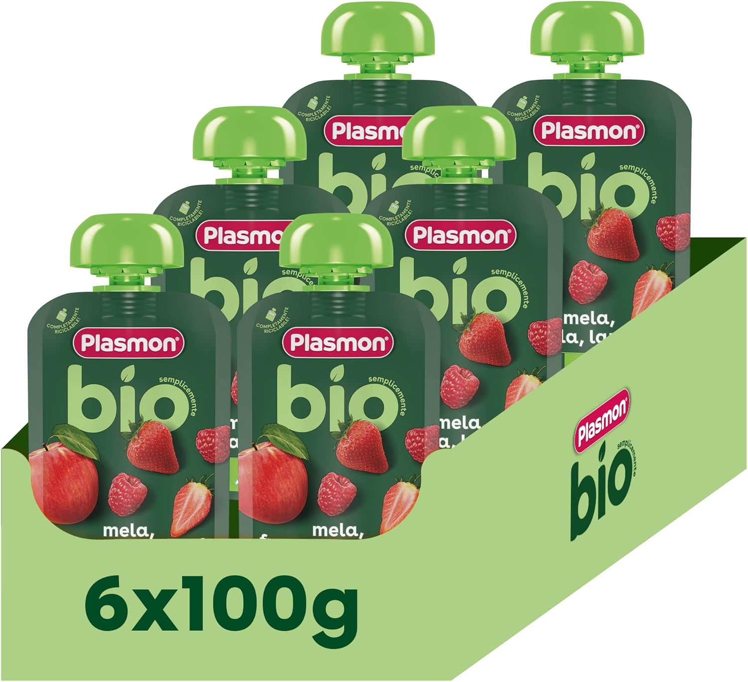 Plasmon BIO Pouch Mela Fragola Lampone 100g (6 pezzi) – the BIO fruit puree snack