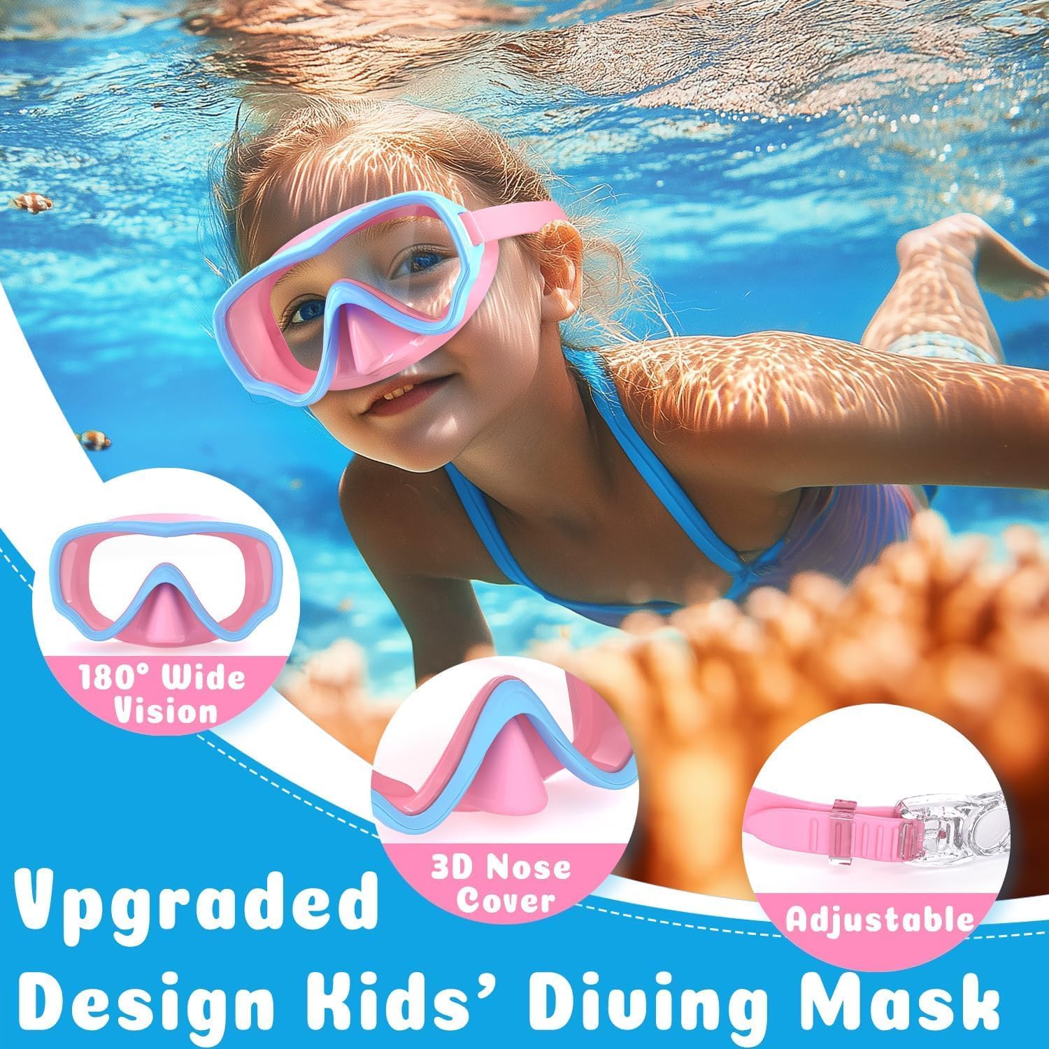 Detalle de COOLOO 2 Packs Kids Goggles with Nose Cover – 180° Wide View, Anti-Fog, No-Leak Swim Mask for Boys & Girls