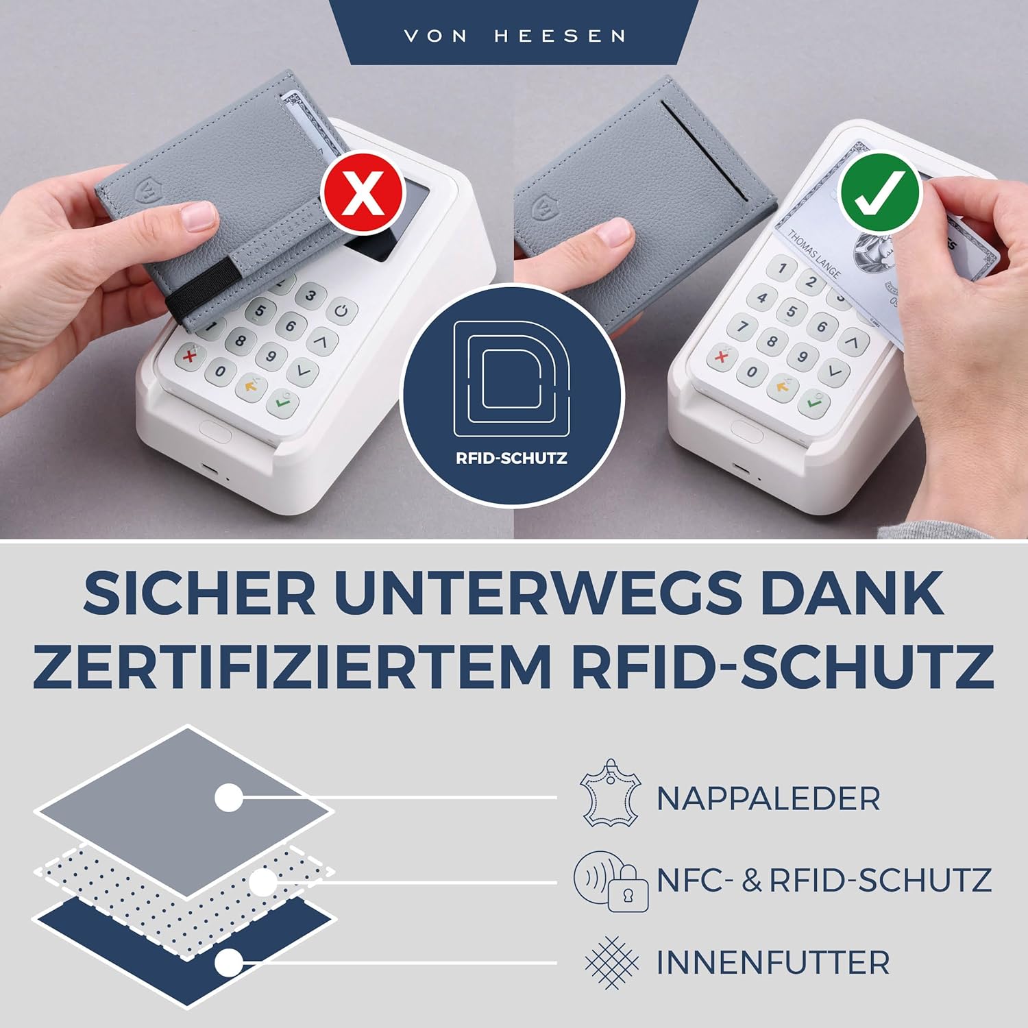 Thumbnail 2 de VON HEESEN Slim Wallet mit XL Münzfach & RFID Schutz – Leder Geldbörse, klein, hellblau