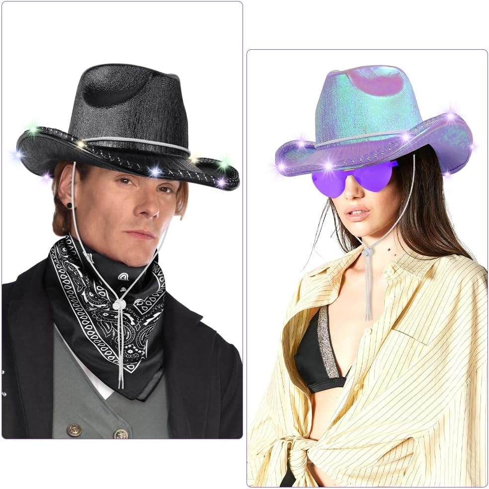 Detalle 2 de Aomig CowboyHut Set für Damen & Herren mit Westernhut, Sonnenbrille und Bandana (Fashion, Western, Party-Accessoire)
