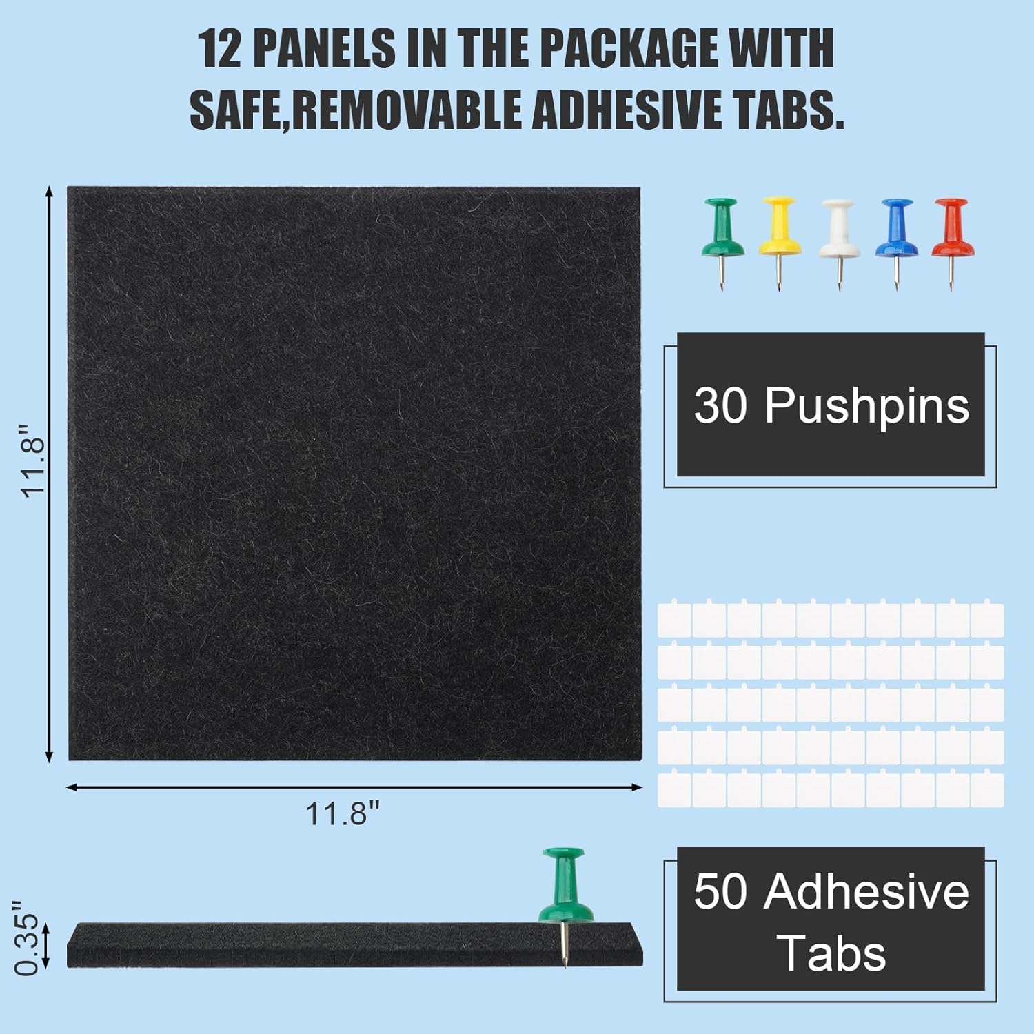 Detalle de 120 x 90 cm Cork Board Alternative Felt Pin Board Tile Set (12-pack) with 30 pushpins – Black