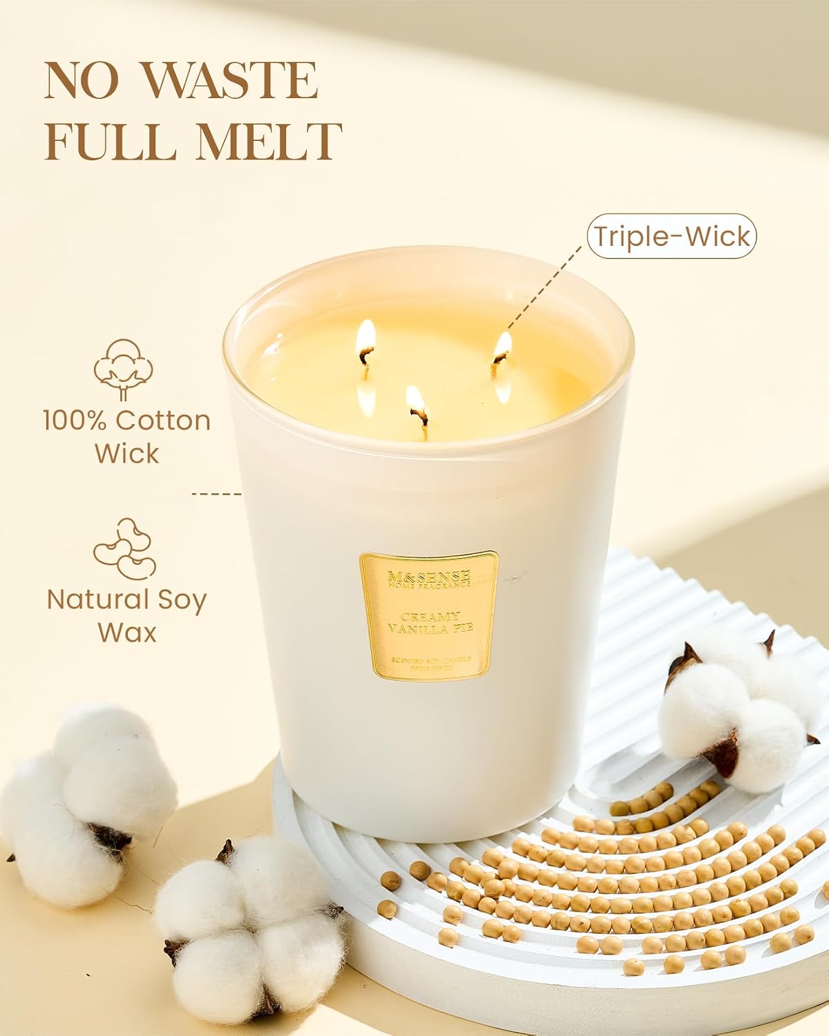 Detalle de M&SENSE Creamy Vanilla Pie Soy Candle, 35oz 3-Wick — Large Jar, 150-Hour Burn, Non-Toxic