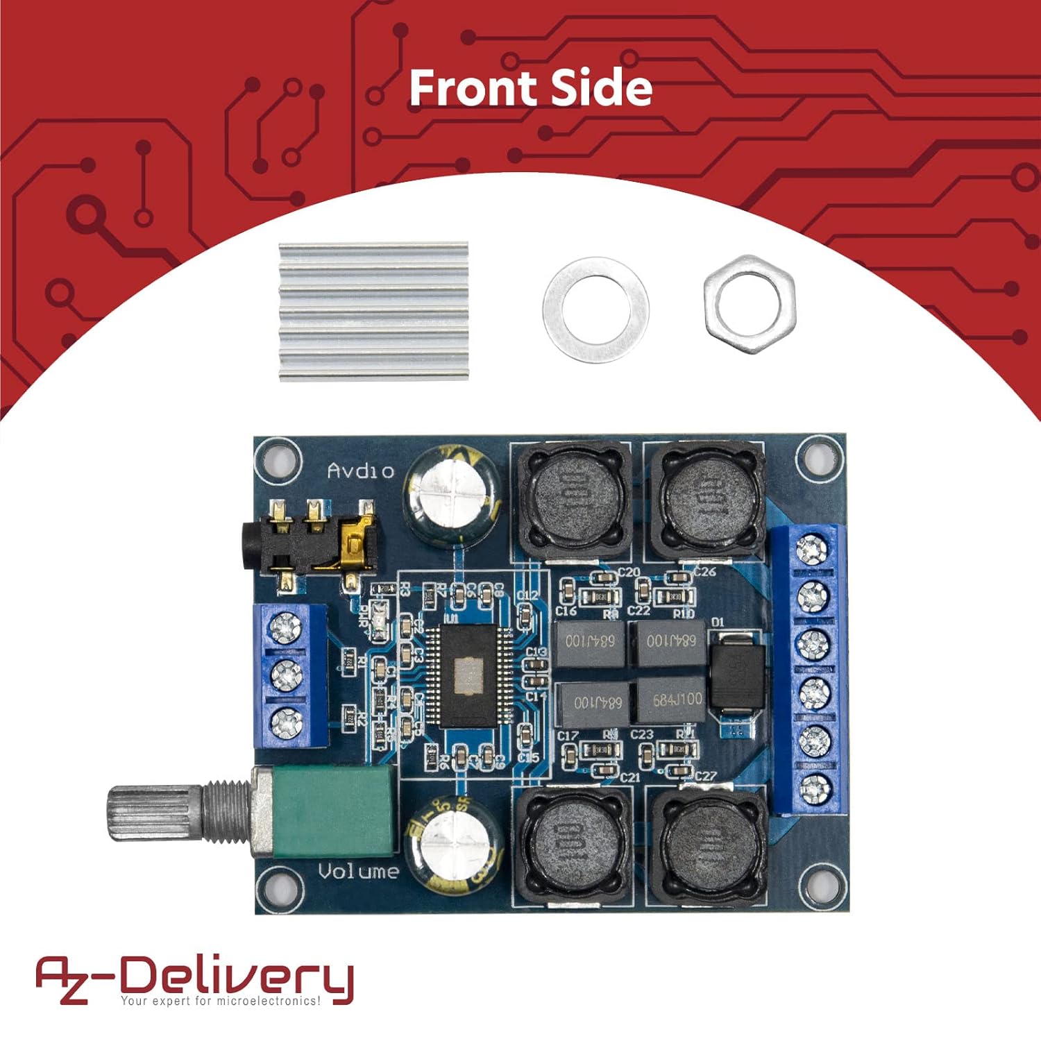 Detalle de AZDelivery platine d’amplificateur numérique stéréo compatible TPA3116D2, 2 canaux (2 x 50W) 12/24V, entrée 3,5 mm