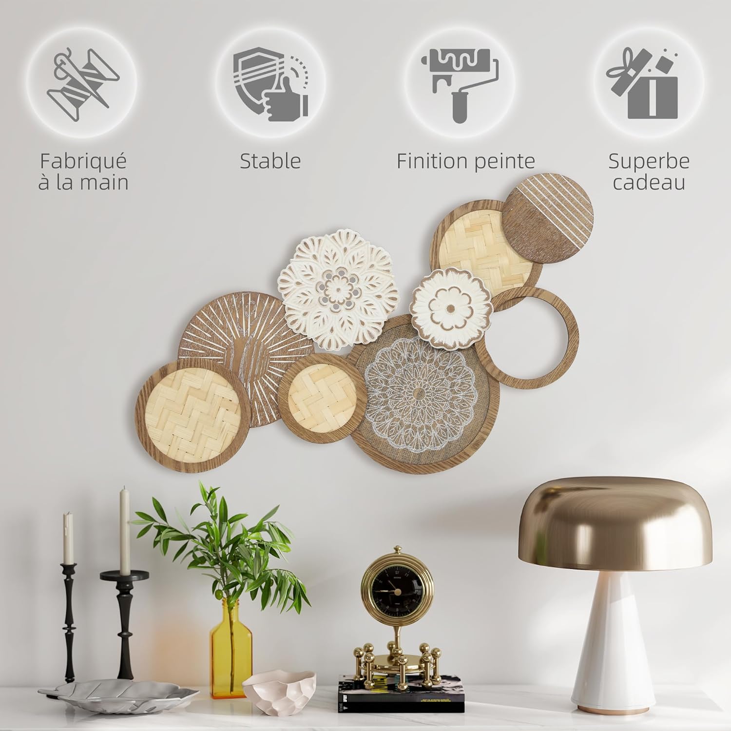 Thumbnail 4 de HOMCOM Décoration murale en bois moderne – sculpture géométrique à disques, 83,8 × 44,5 cm, bois naturel
