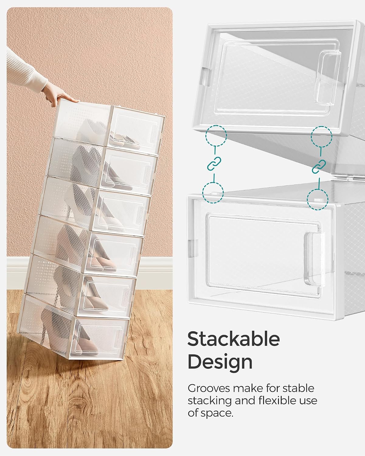 Detalle 2 de SONGMICS ULSP18SWT Shoe Boxes, Set of 18, Stackable with Clear Front Doors