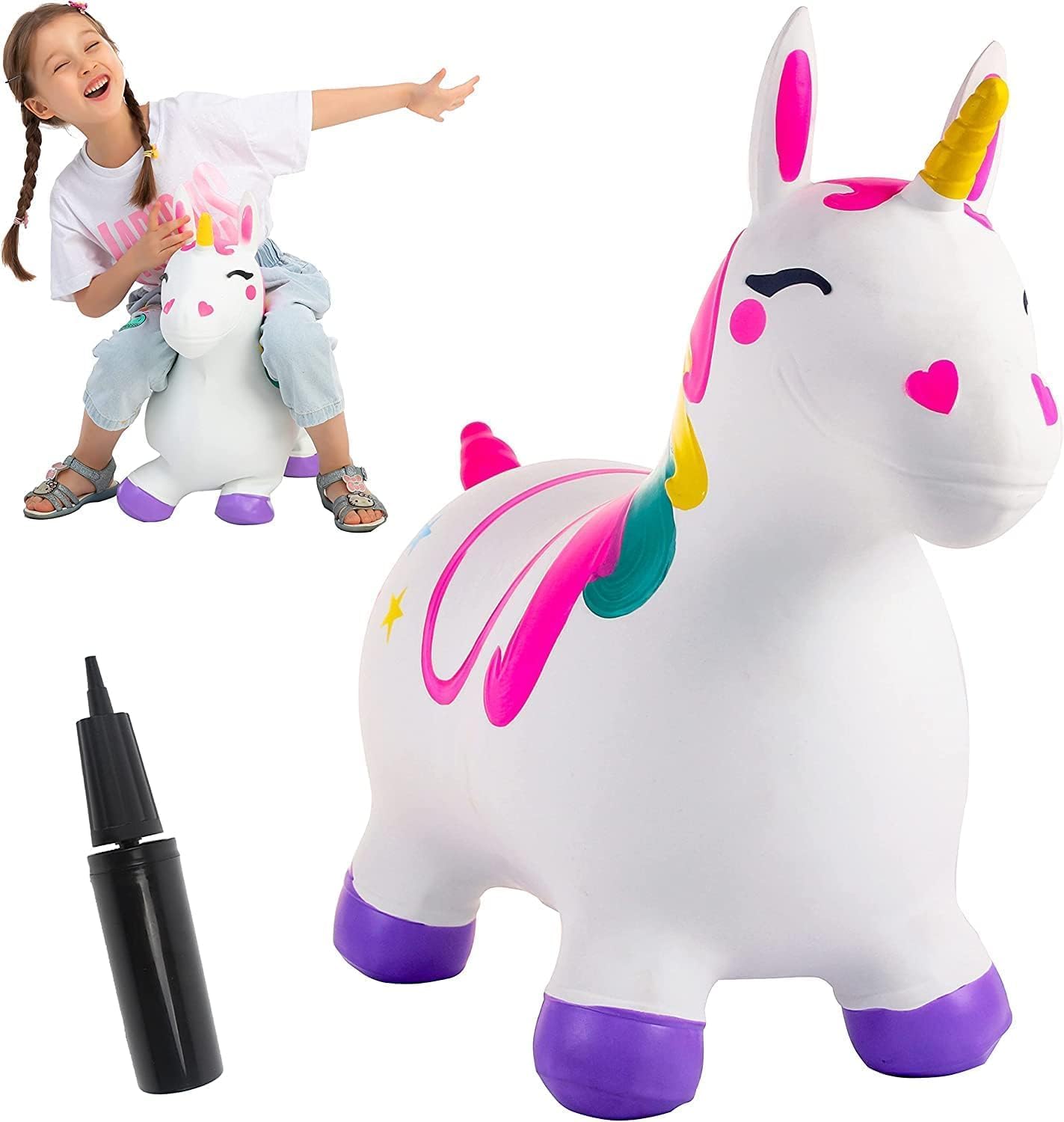 Detalle de JOYIN Kids Unicorn Animal Hopper Bouncy Horse (inflatable ride-on) with hand pump