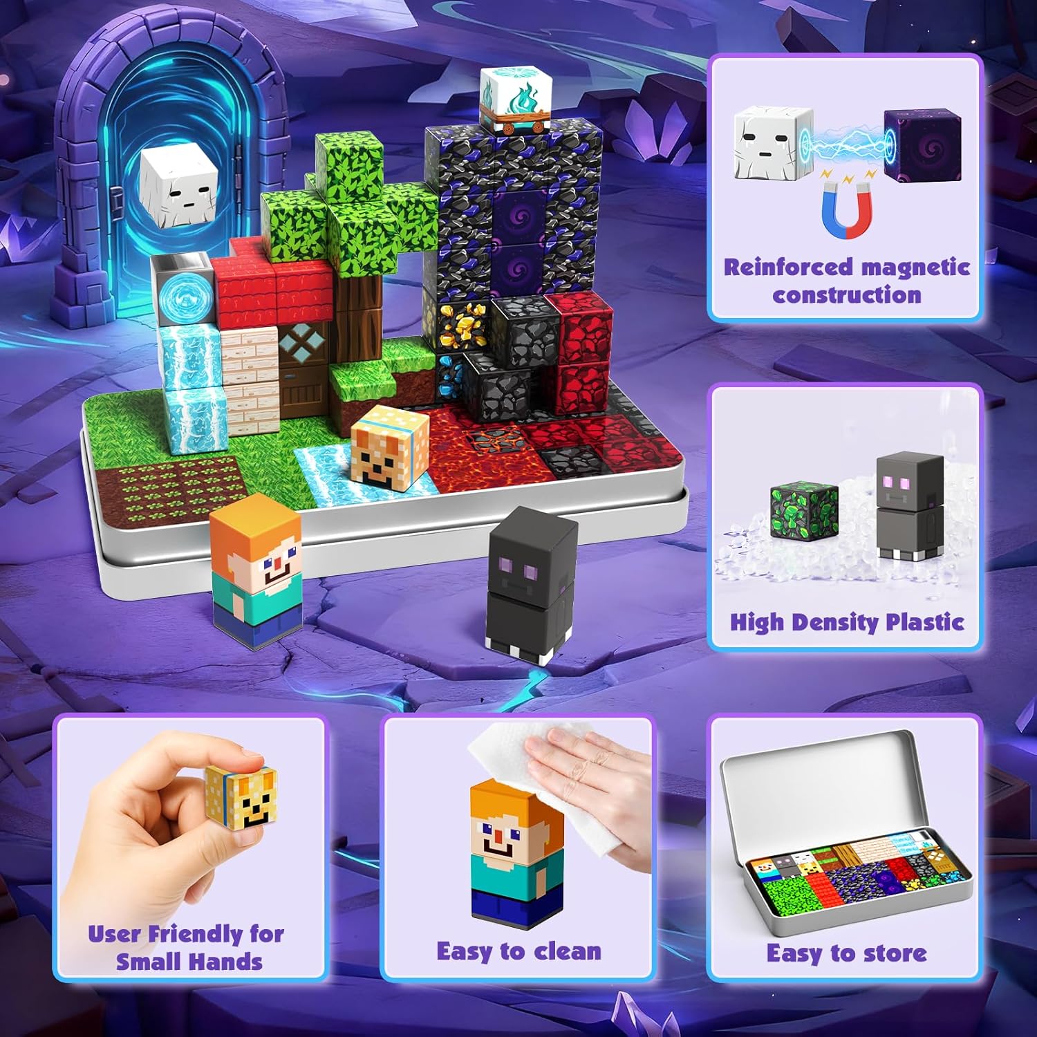 Thumbnail 3 de GraceDuck Magnetic Blocks with Iron Box: Obsidian Nether Portal 45 PCS Travel Set