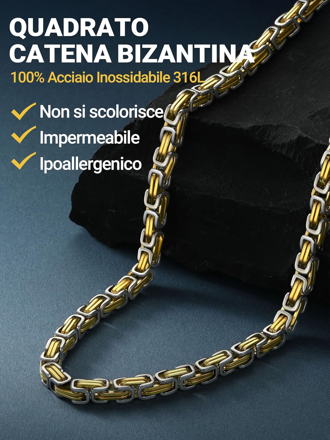 Thumbnail 2 de PROSTEEL Bizantina Collana Uomo in Acciaio 316L con Catenina Bizantina 4mm/6mm – Argentata, Nero o Dorata (45–75 cm)
