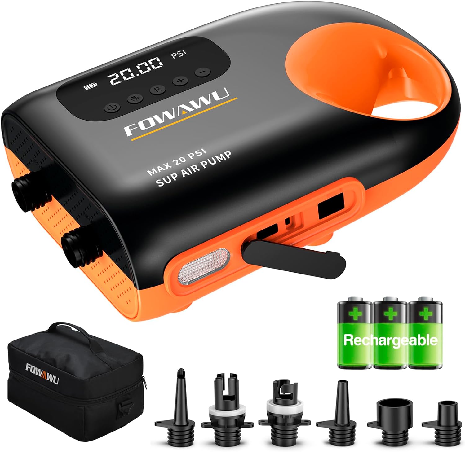 Detalle de FOWAWU 8666-3*7800mAh elektrische SUP-pomp, 20 PSI en 6 mondstukken