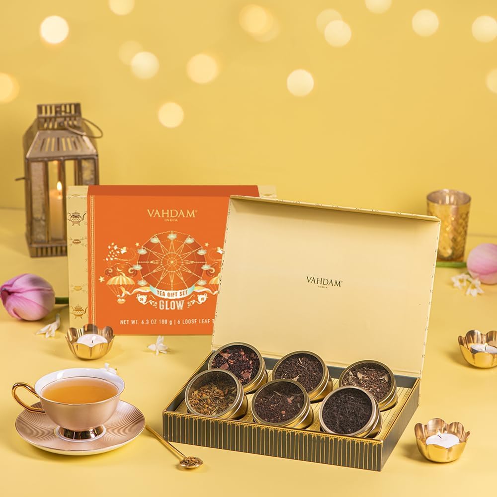 Detalle de VAHDAM GLOW Tee-Geschenkset mit 6 Tees in der Geschenkbox