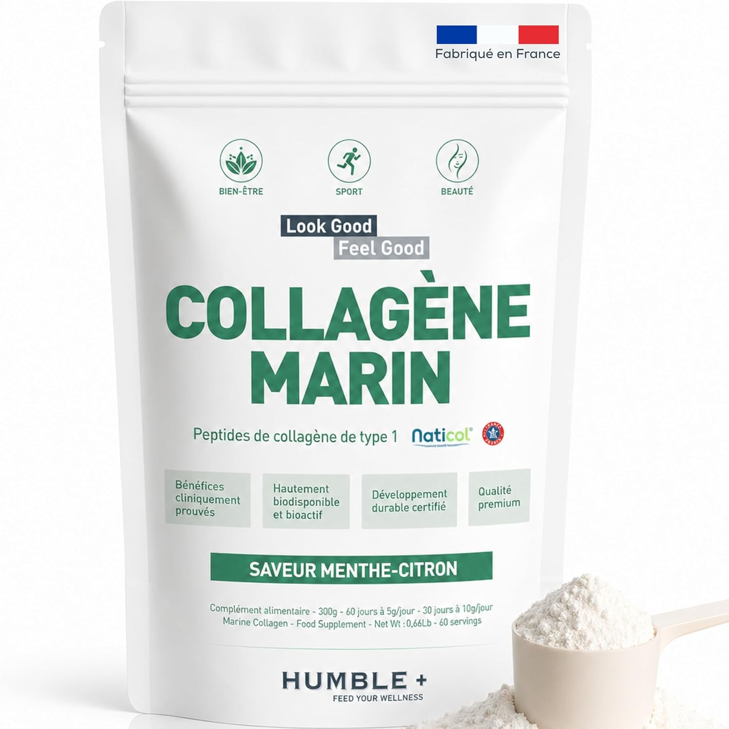 Detalle de Collagène Marin Naticol® en poudre – Menthe-Citron, 300 g (60 doses) — Fabriqué en France, pour peau, articulations et récupération musculaire