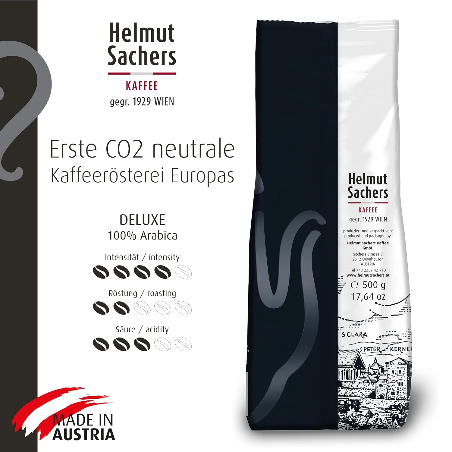 Detalle 2 de Helmut Sachers Kaffee De Luxe Intensität 4/5 – 100% Arabica ganze Bohnen (500 g)
