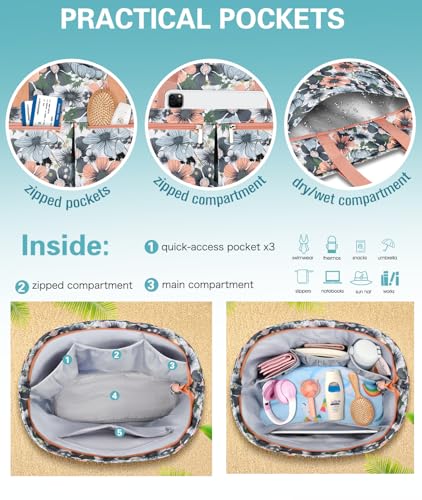 Detalle de ENONEO Bolsa de Playa para Mujer Grande XXL con Cremallera y Compartimentos – Gris/Rosa