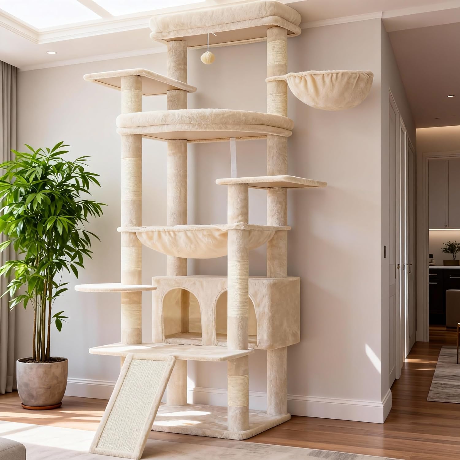 Detalle de Heybly Tall Cat Tree for Large Cats (202 cm) – Multi-Level Indoor Cat Tower with Large Baseboard, Two Plush Top Perches and Big Condo