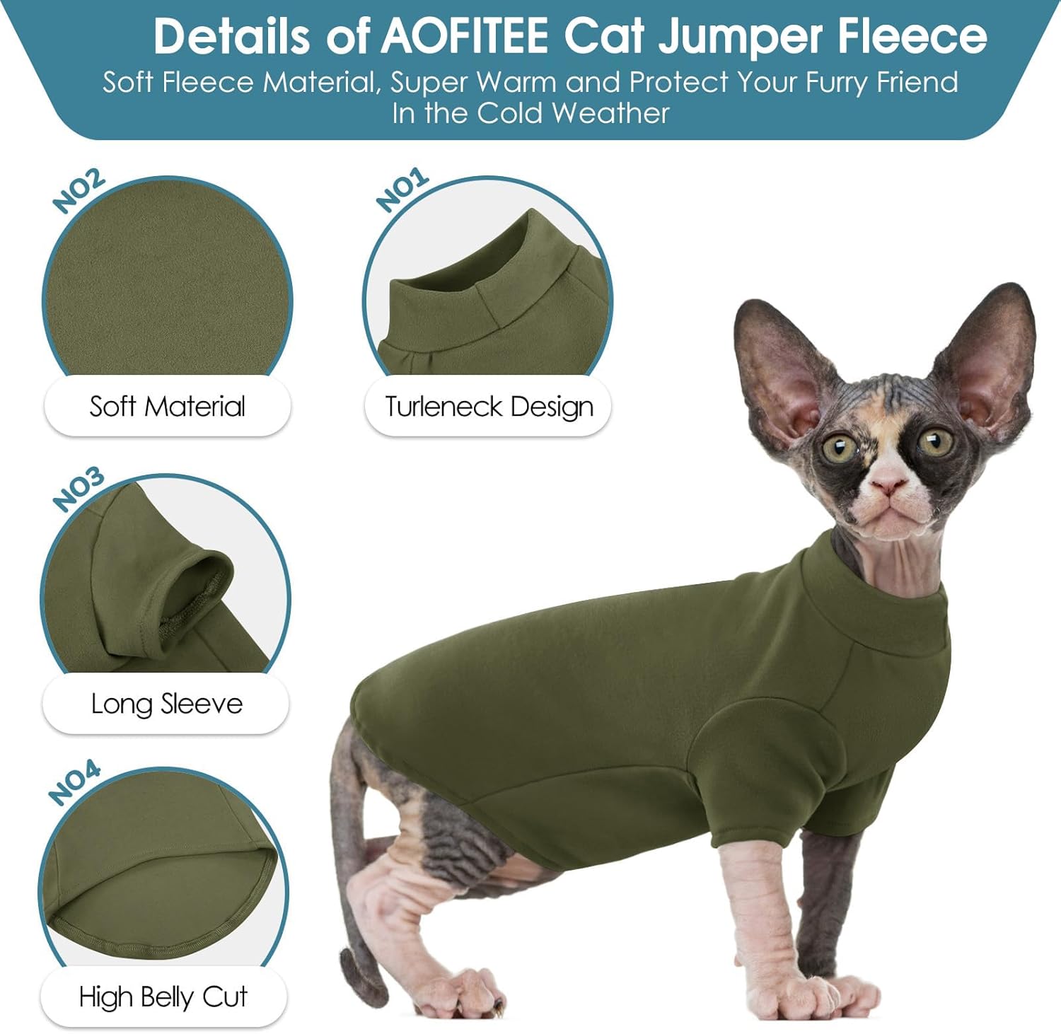 Thumbnail 1 de AOFITEE Turtleneck Jumper for Cats (Soft Sphynx Cats Shirt) – Warm fleece long-sleeve jumper, Army Green, XL