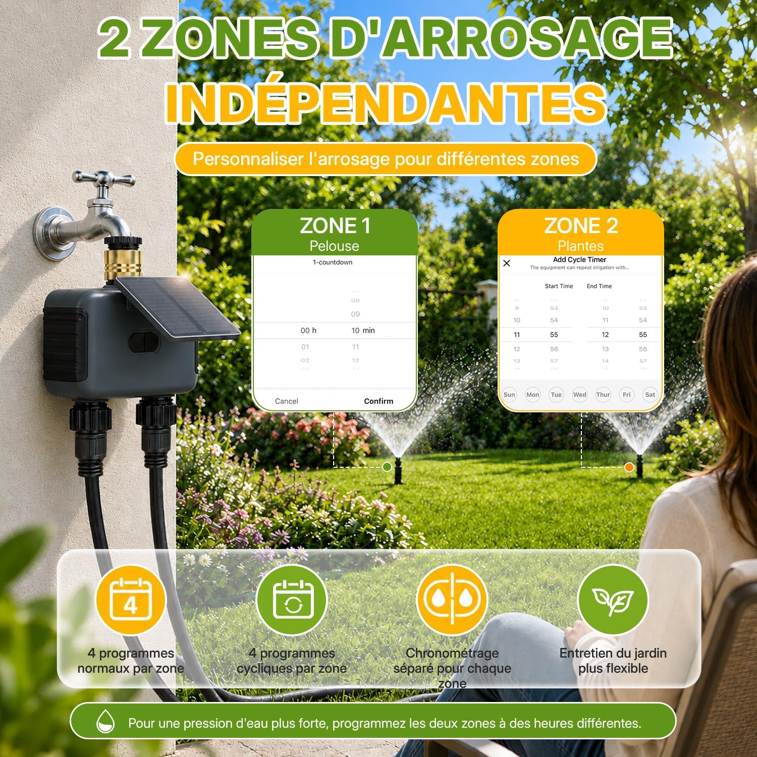 Detalle de Mcbazel Programmateur d’Arrosage Automatique WiFi à 2 Sorties avec Panneau Solaire – IP55