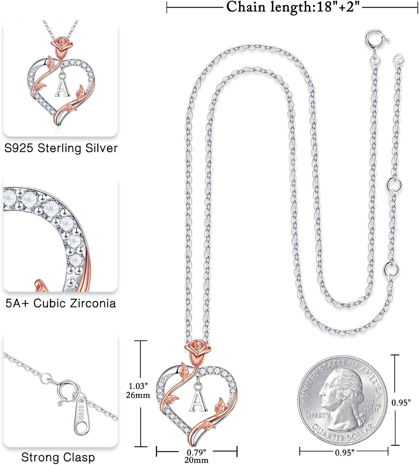 Thumbnail 4 de Iefil 925 Sterling Silver Heart Initial Necklace 20in