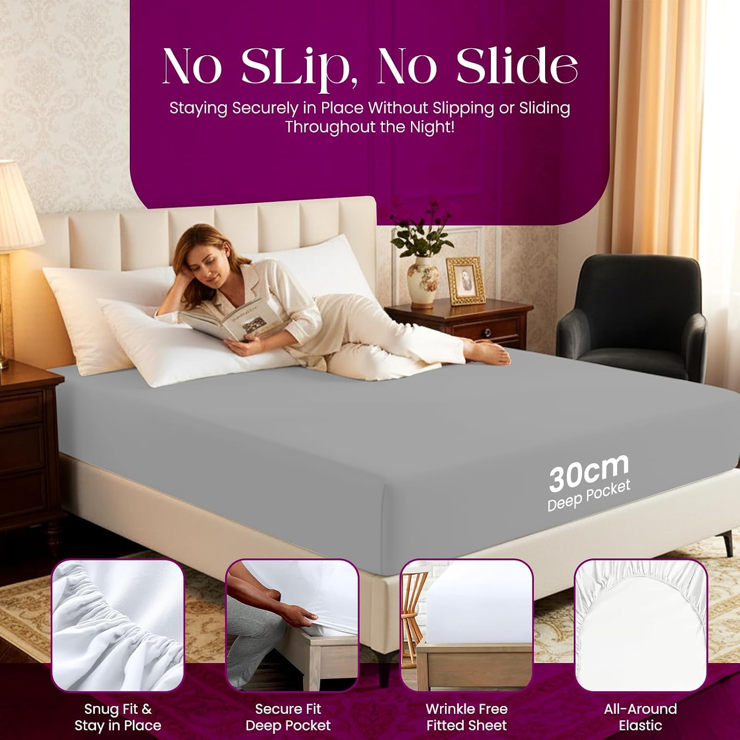 Detalle de Linens World Egyptian Cotton 4FT Fitted Sheet: Breathable, Anti-Wrinkle Deep Pocket 30cm