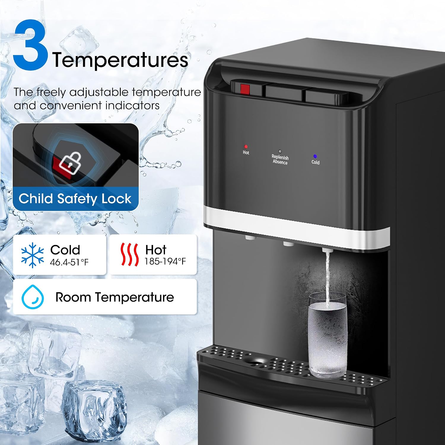 Detalle 2 de Tehanld THFT0834CS003 Bottom-Loading Water Cooler, 3 Temperatures, Black