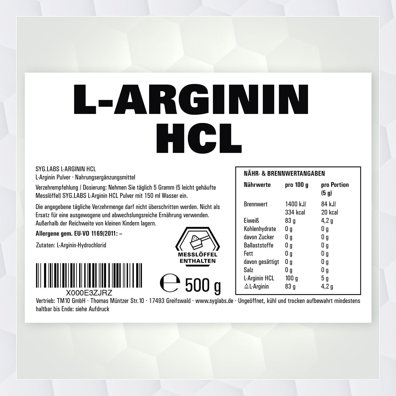 Detalle 2 de L-Arginin HCL 500 g Pulver đź’Š