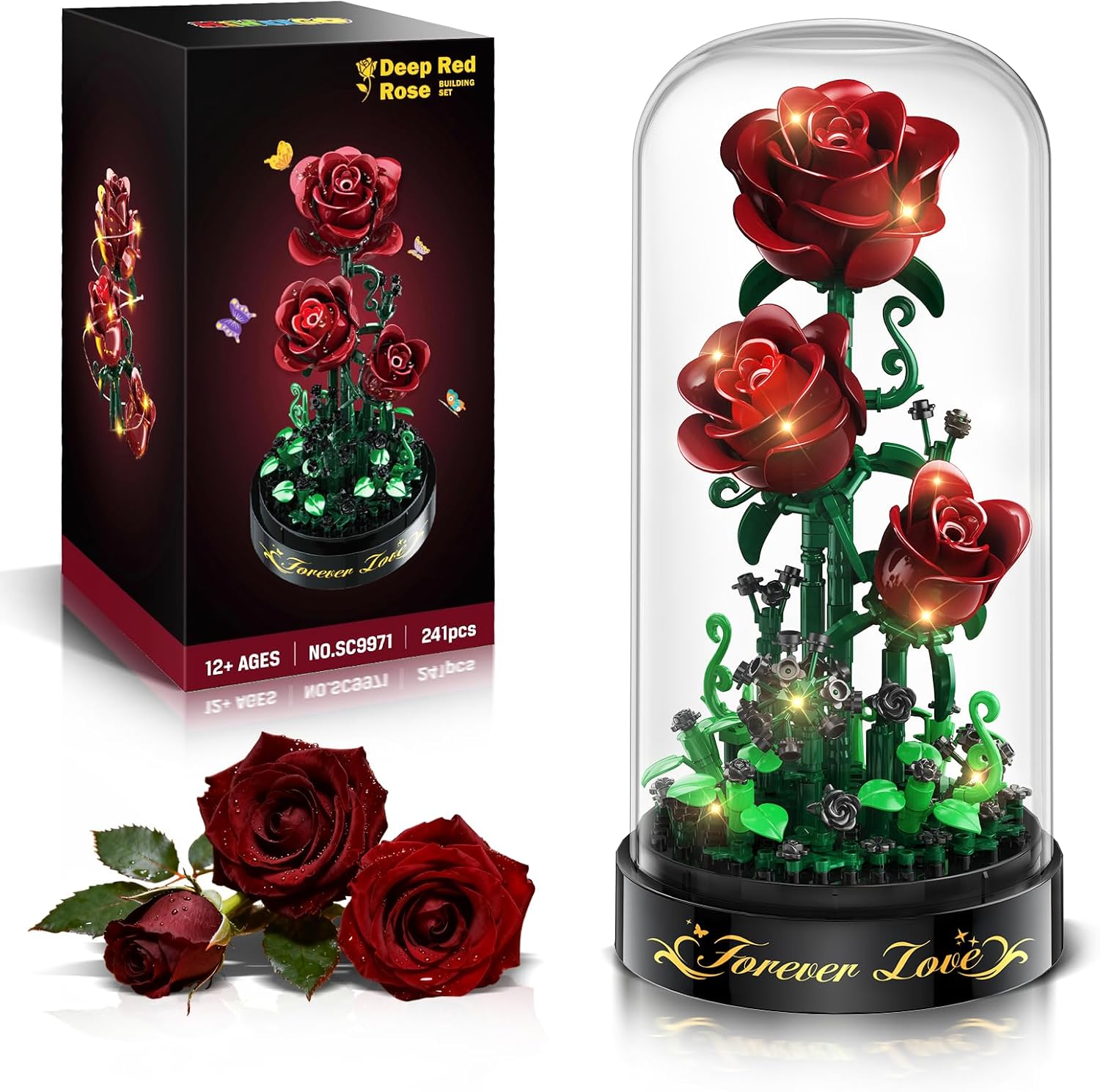 Detalle de Flower Building Set with LED Light – Burgundy Red Rose 241-Piece Mini Block Kit