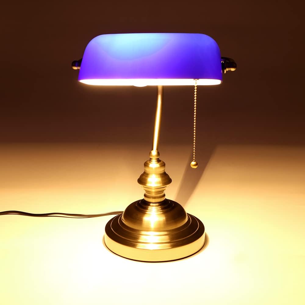 Detalle de FIRVRE Tischlampe Blau Glas Vintage – Bankerlampe mit Zugkettenschalter