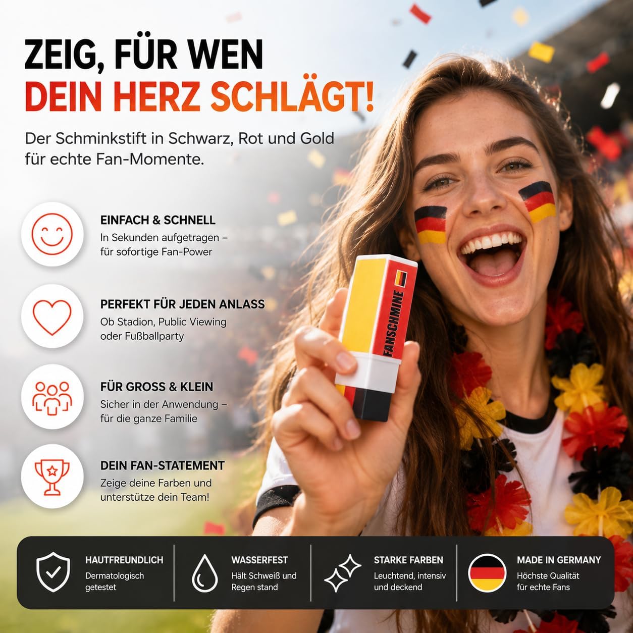 Detalle de TK Gruppe Timo Klingler Schminkstift – Deutschlandfarben Rot, Schwarz, Gelb für WM 2026