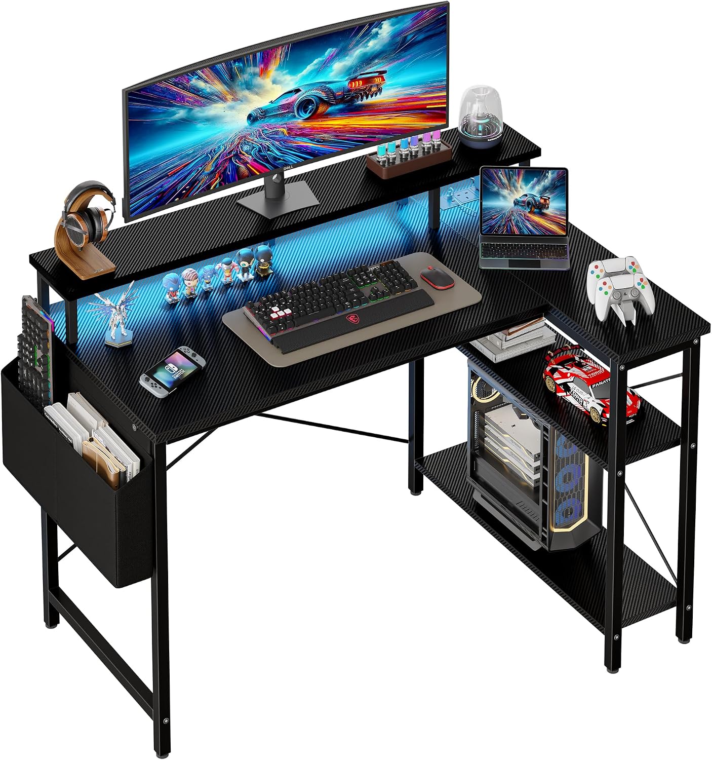 Grandder 100cm Reversible L-Shaped Gaming Desk with Power Sockets & LED Lights