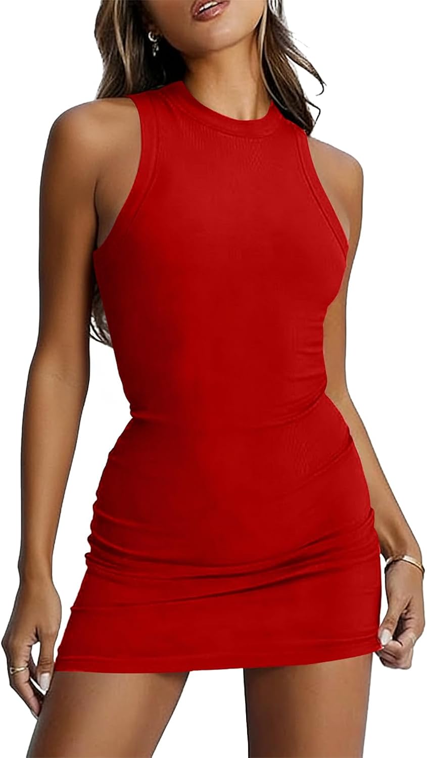 Detalle de LEEDYA Women's Summer Bodycon Dress – Sleeveless Ribbed Tank Midi/Above-Knee Fit