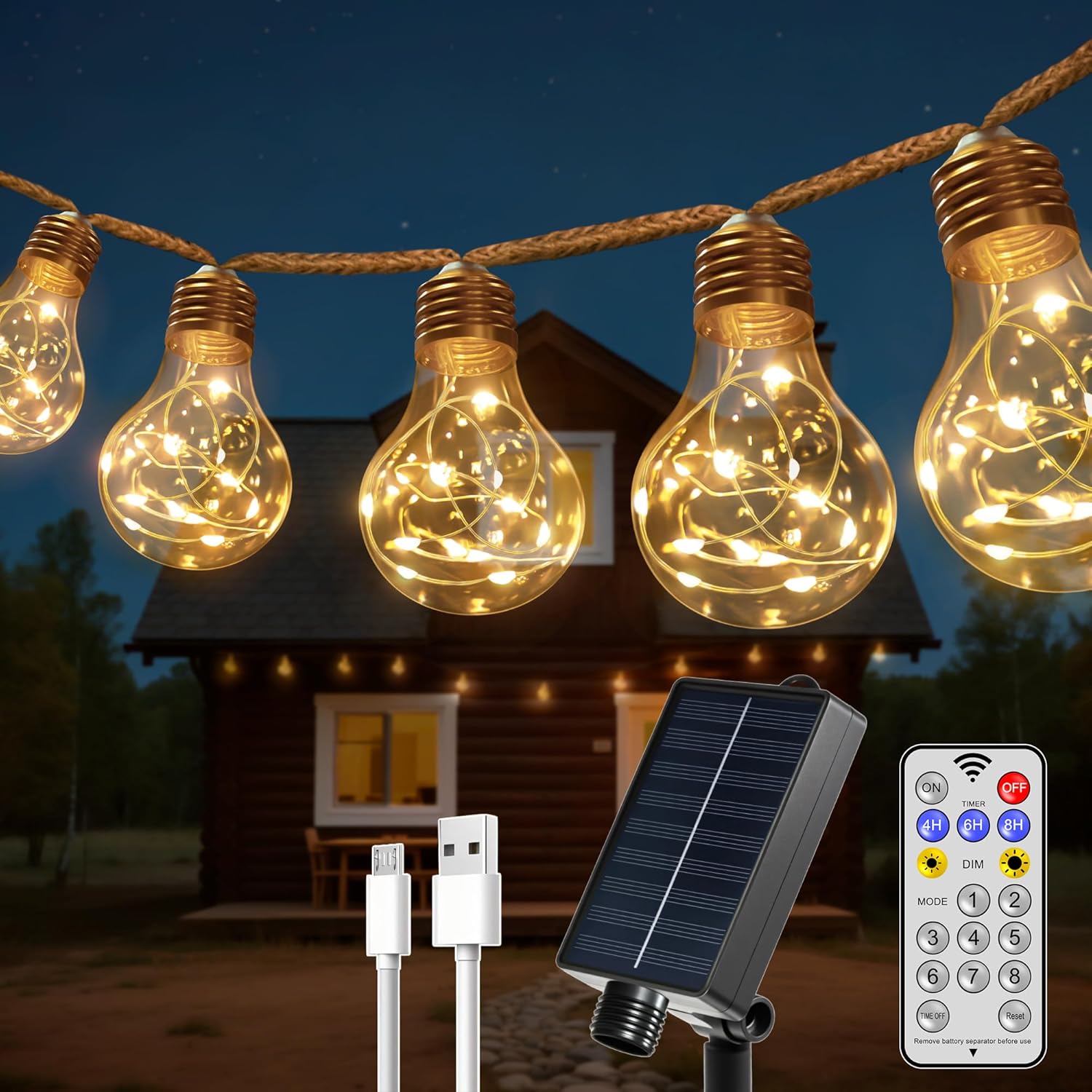 Detalle de HeiPard Catena di luci solari per esterni, 8,5 m, 16 lampadine A60 LED – stile vintage e alimentazione ibrida