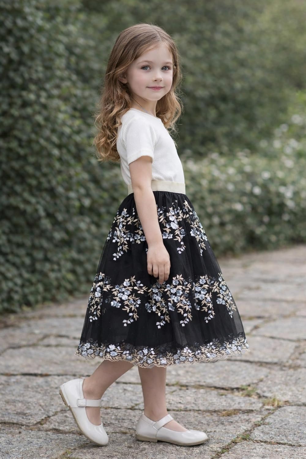 Detalle de es-uk Girls Floral Tulle Skirt with Elastic Waistband – Elegant Party, Wedding & Occasion Skirt for Kids