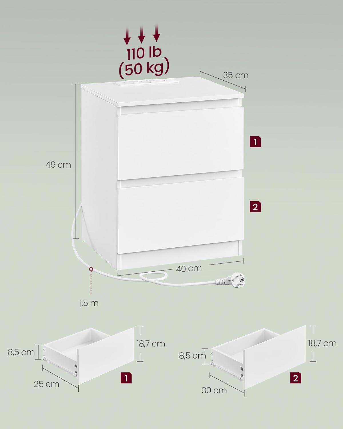 Detalle 2 de VASAGLE Kailyn Collezione - Comodini con Ciabatta Elettrica, Set di 2, bianco nuvola LET821W02