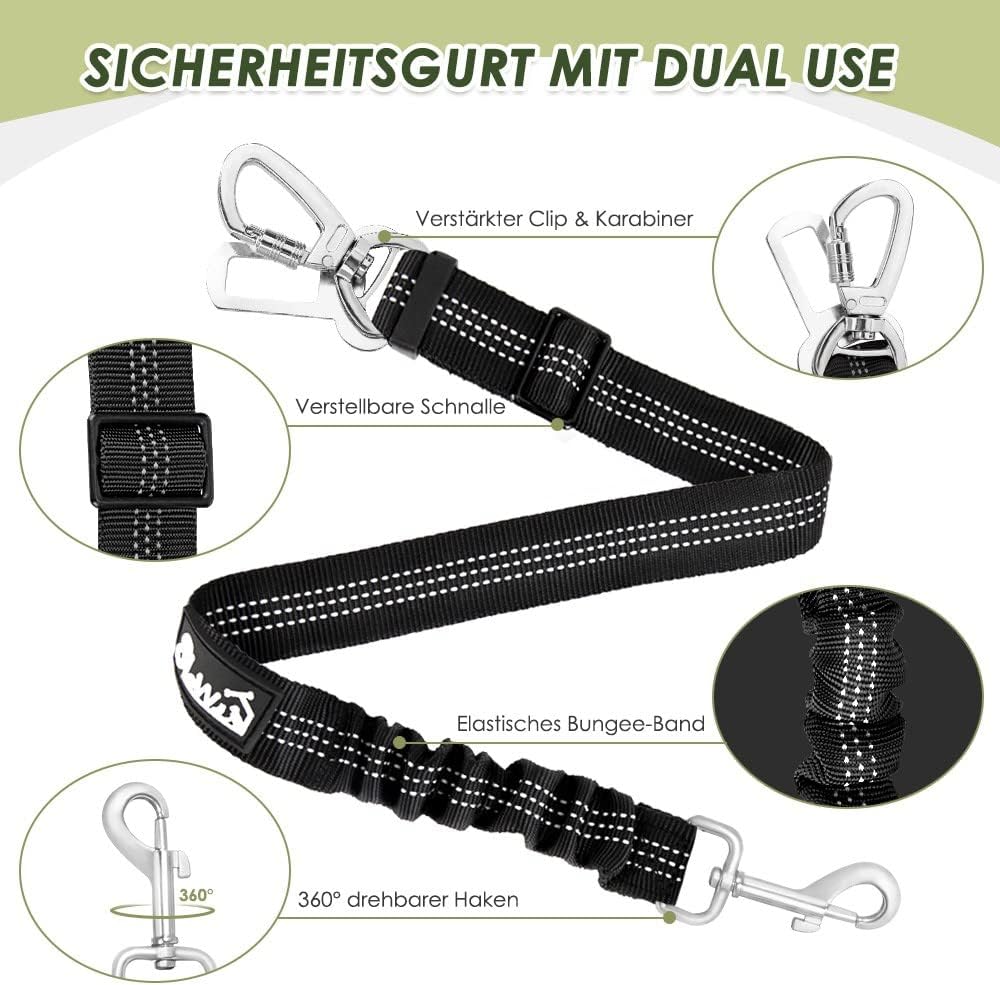 Detalle de SlowTon Hundesicherheitsgurt im 2er-Set – verstellbare Autoleine mit Bungee-Puffer und reflektierenden Nähten